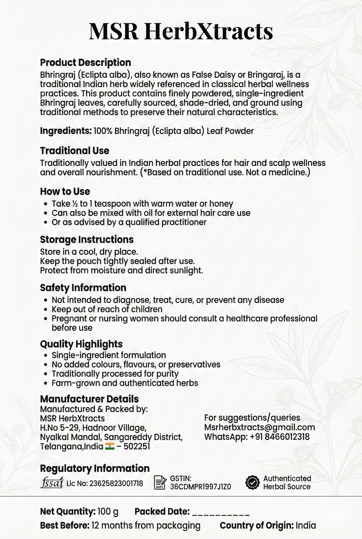 Bhringaraj Powder (Eclipta alba) – Single Ingredient Herbal Powder